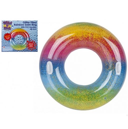 Rainbow Glitter Large Swim Ring with Handles - 122cm