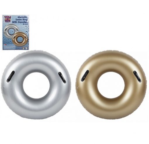 Inflatable Swim Ring with Handles - Gold or Silver - 91cm